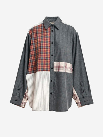 ESSENTIEL ANTWERP Camicia Oversize Patchwork in Cotone Grigio e Marrone Grigio marrone