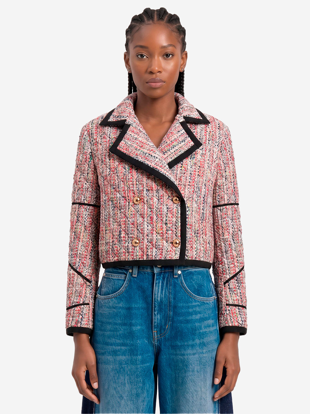 ESSENTIEL ANTWERP Giacca corta in tweed misto lana con profili neri Multicolor Urbanstaroma
