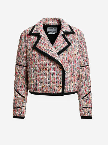 ESSENTIEL ANTWERP Giacca corta in tweed misto lana con profili neri Multicolor