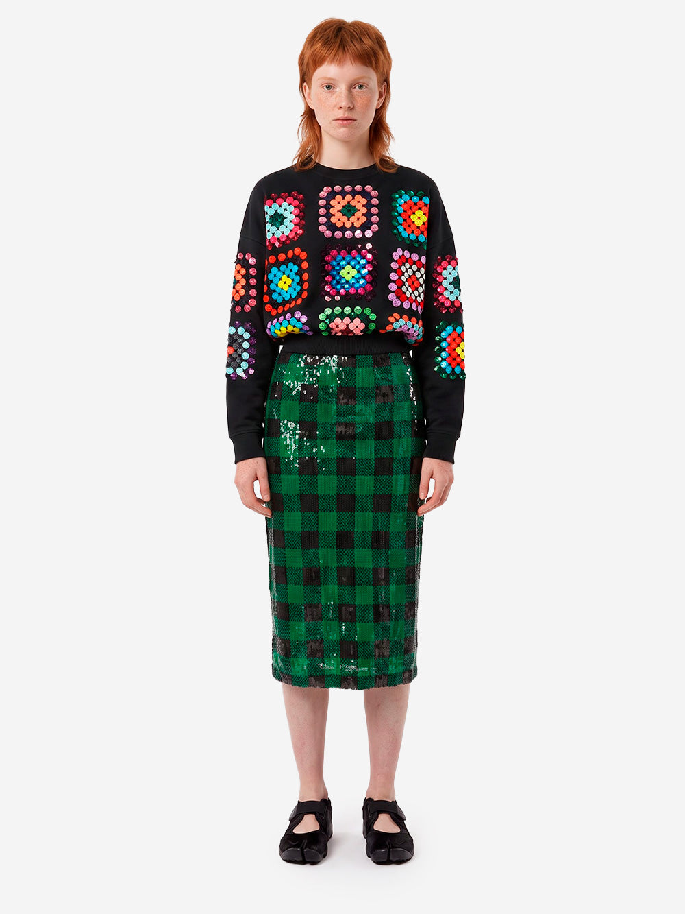 ESSENTIEL ANTWERP Gonna a tubino a quadri verdi e neri con paillettes Verde Urbanstaroma