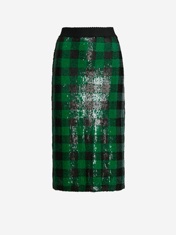 ESSENTIEL ANTWERP Gonna a tubino a quadri verdi e neri con paillettes Verde