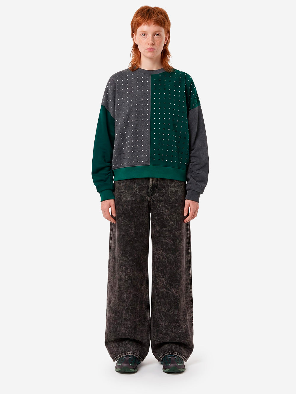 ESSENTIEL ANTWERP Felpa color-block grigia e verde con strass Multicolor Urbanstaroma