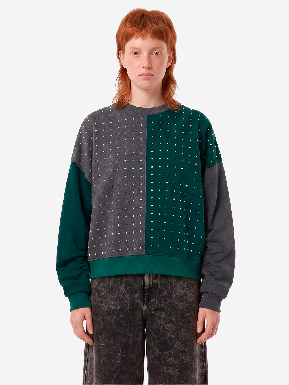 ESSENTIEL ANTWERP Felpa color-block grigia e verde con strass Multicolor Urbanstaroma
