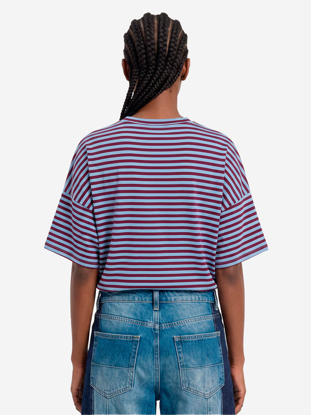 ESSENTIEL ANTWERP T-shirt oversize a righe azzurre e borgogna con spilla dorata Blu rosso Urbanstaroma