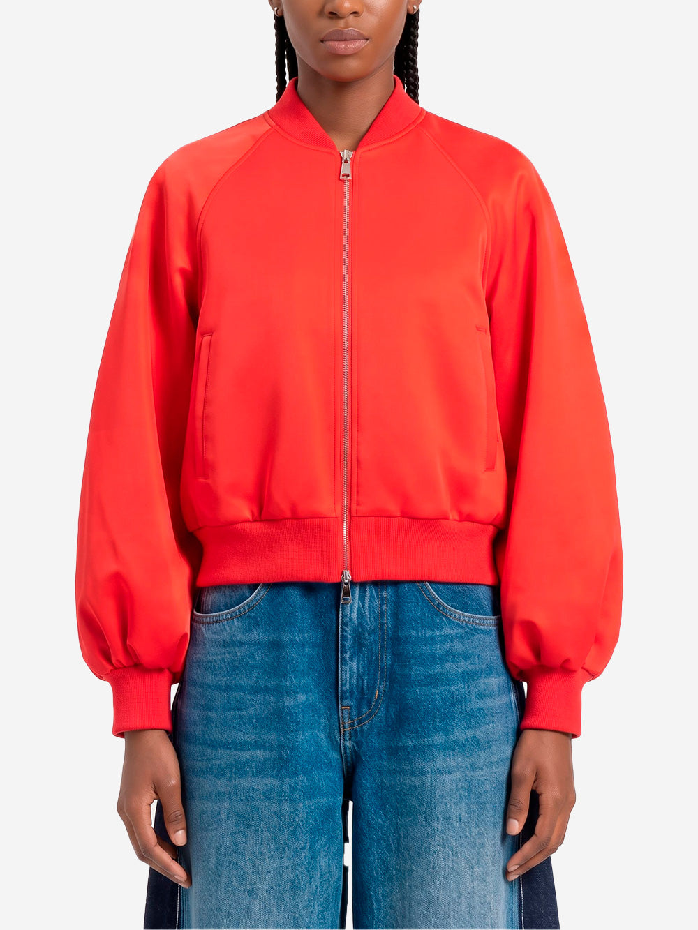 ESSENTIEL ANTWERP Giacca bomber rossa in satin con maniche voluminose Rosso Urbanstaroma