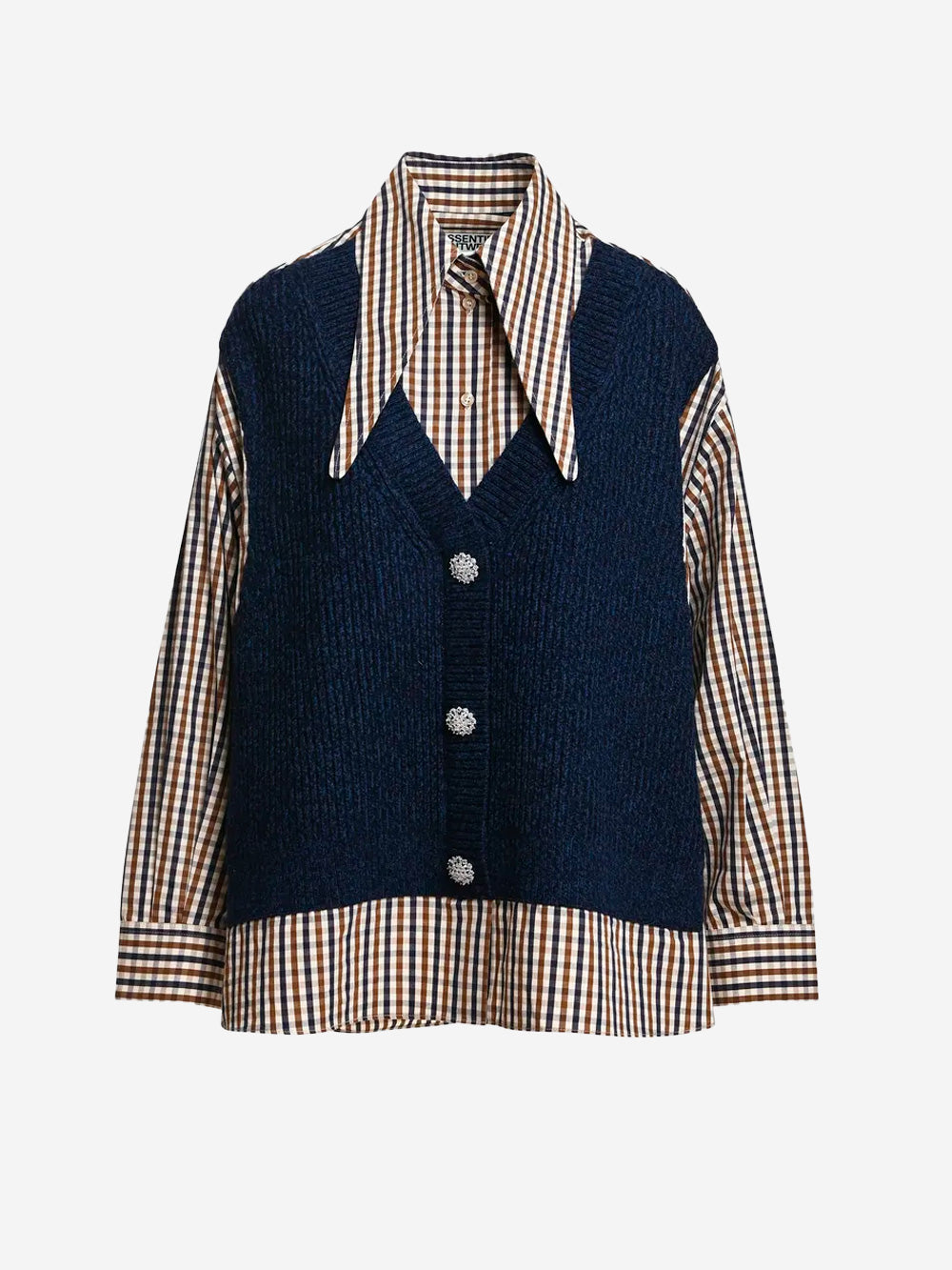 ESSENTIEL ANTWERP Camicia oversize a quadri con gilet in lana incorporato Blu Urbanstaroma