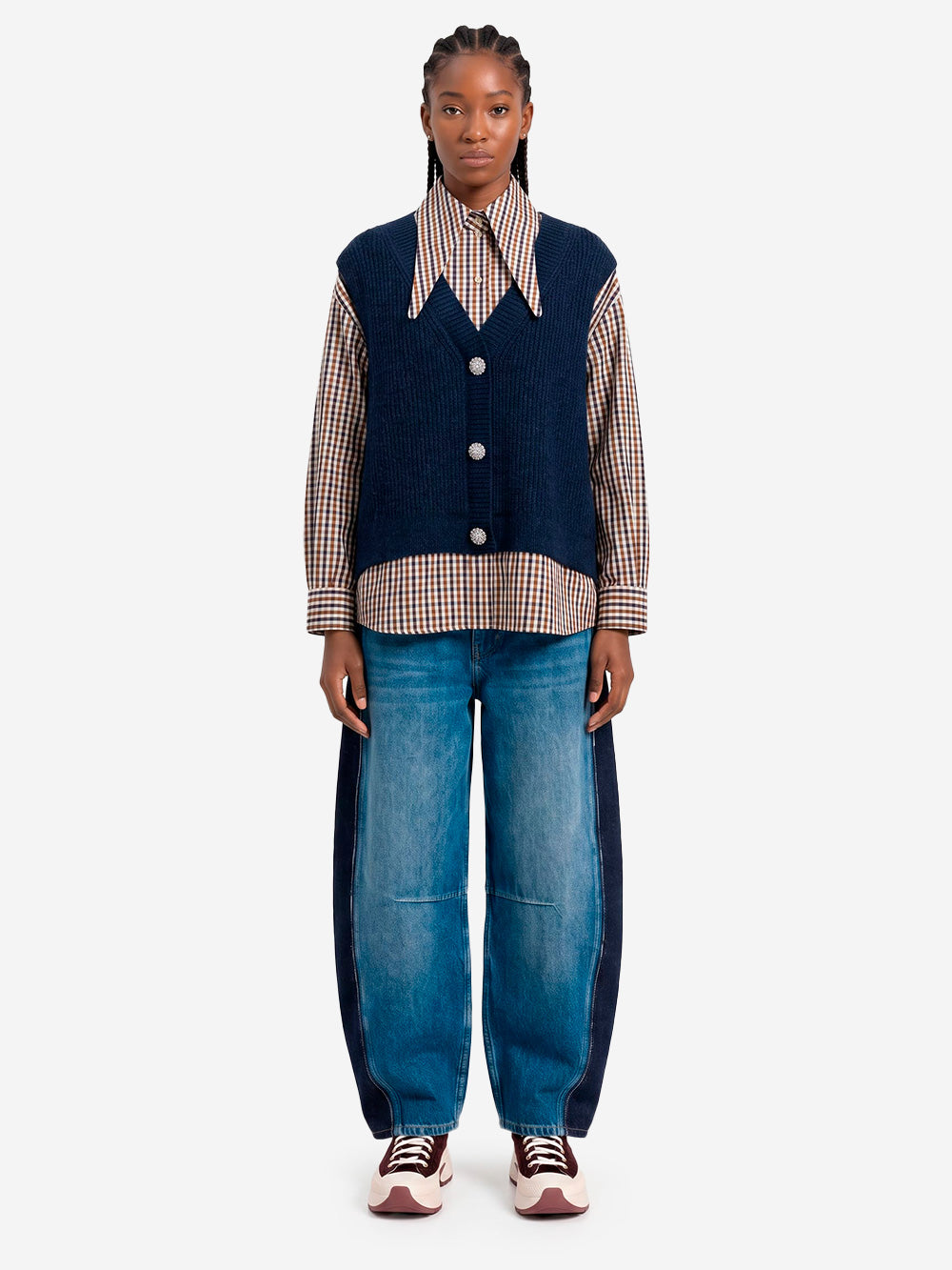 ESSENTIEL ANTWERP Camicia oversize a quadri con gilet in lana incorporato Blu Urbanstaroma