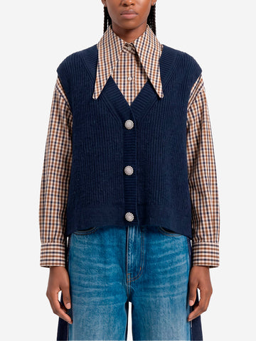 ESSENTIEL ANTWERP Camicia oversize a quadri con gilet in lana incorporato Blu