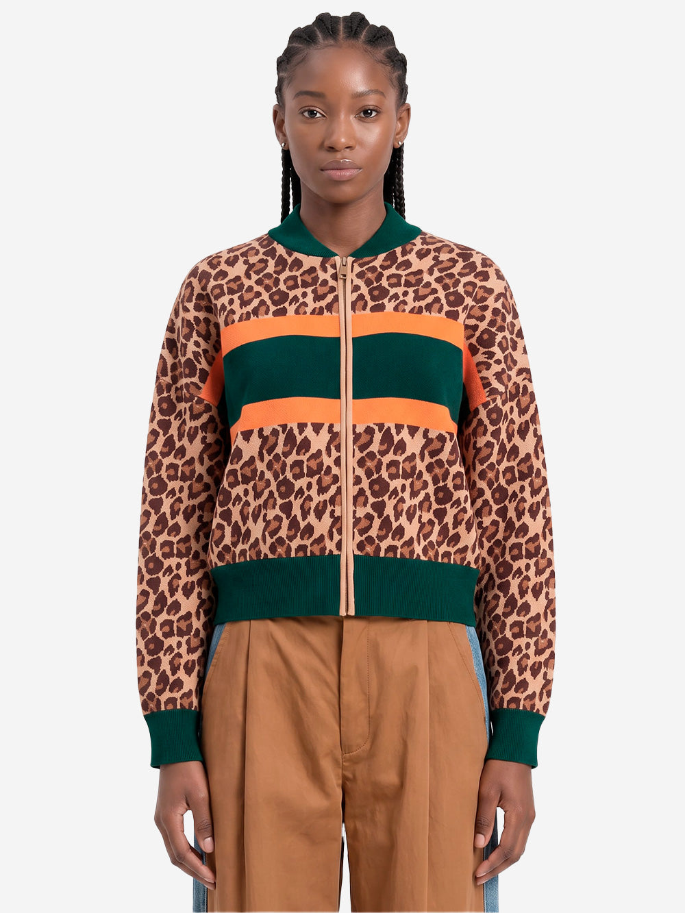 ESSENTIEL ANTWERP Cardigan con zip in maglia leopardata con blocchi multicolor Leopardata Urbanstaroma