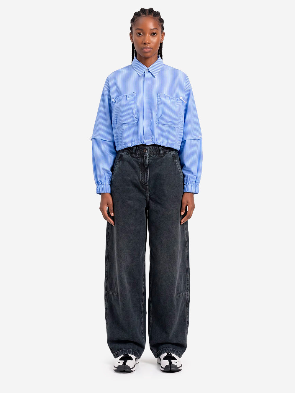 F/CE Camicia cropped 'Transform' a righe navy in misto lana Blu bianco Urbanstaroma