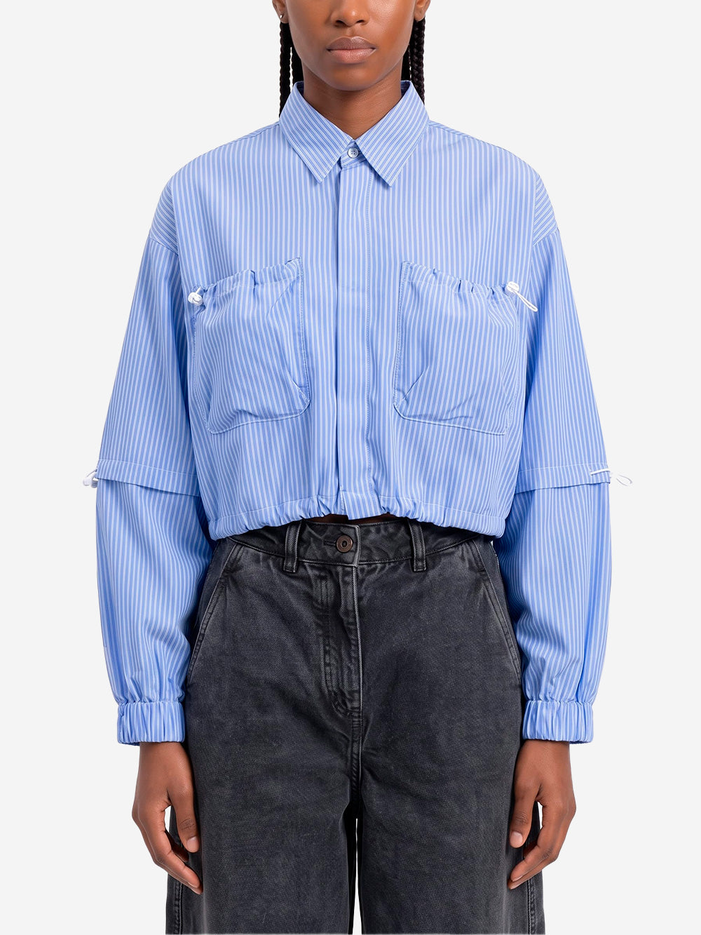 F/CE Camicia cropped 'Transform' a righe navy in misto lana Blu bianco Urbanstaroma