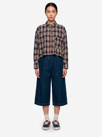 GIRLS OF DUST Pantaloni cropped a gamba ampia 'Nirvana' in denim giapponese Indigo