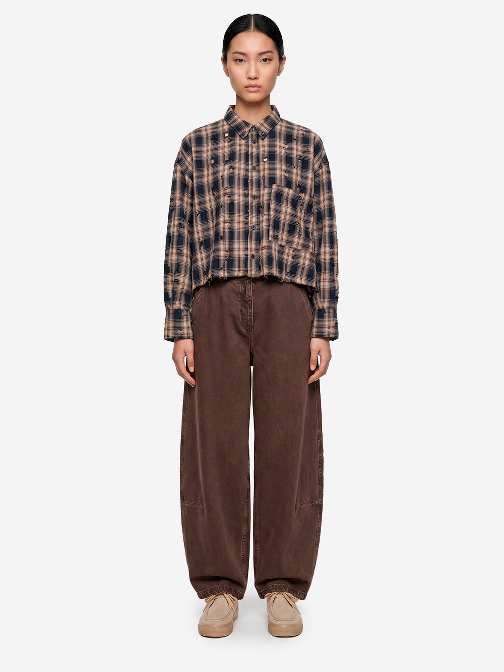 GIRLS OF DUST Camicia 'Cubic' cropped a quadri con finiture distressed Beige blu Urbanstaroma