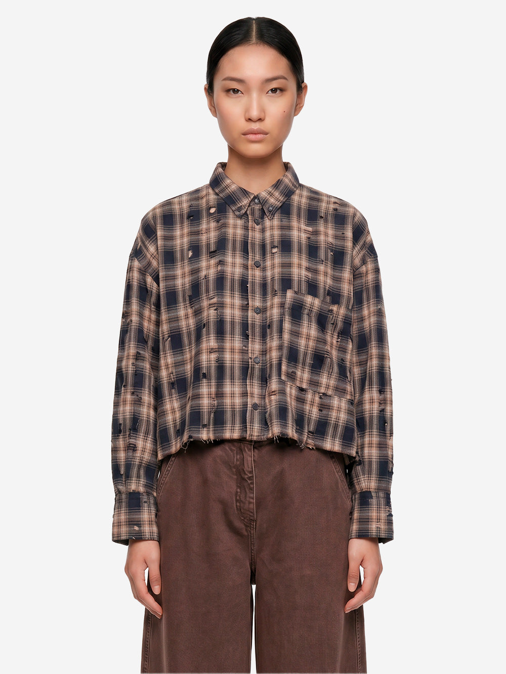 GIRLS OF DUST Camicia 'Cubic' cropped a quadri con finiture distressed Beige blu Urbanstaroma
