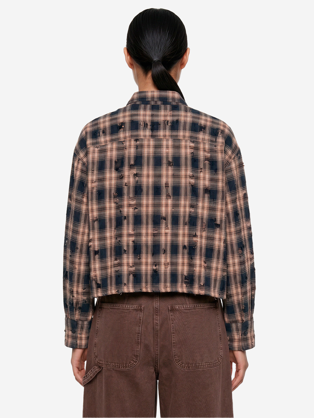 GIRLS OF DUST Camicia 'Cubic' cropped a quadri con finiture distressed Beige blu Urbanstaroma