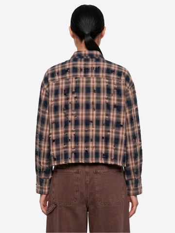 GIRLS OF DUST Camicia 'Cubic' cropped a quadri con finiture distressed Beige blu