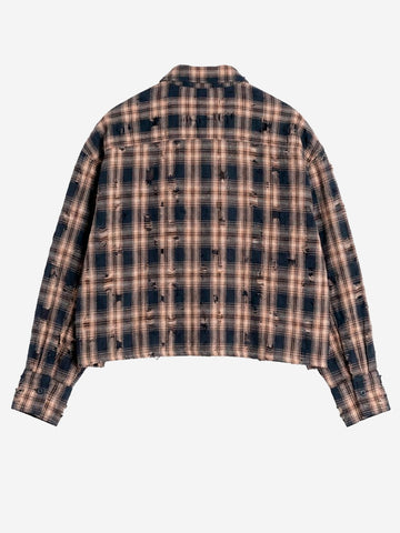 GIRLS OF DUST Camicia 'Cubic' cropped a quadri con finiture distressed Beige blu