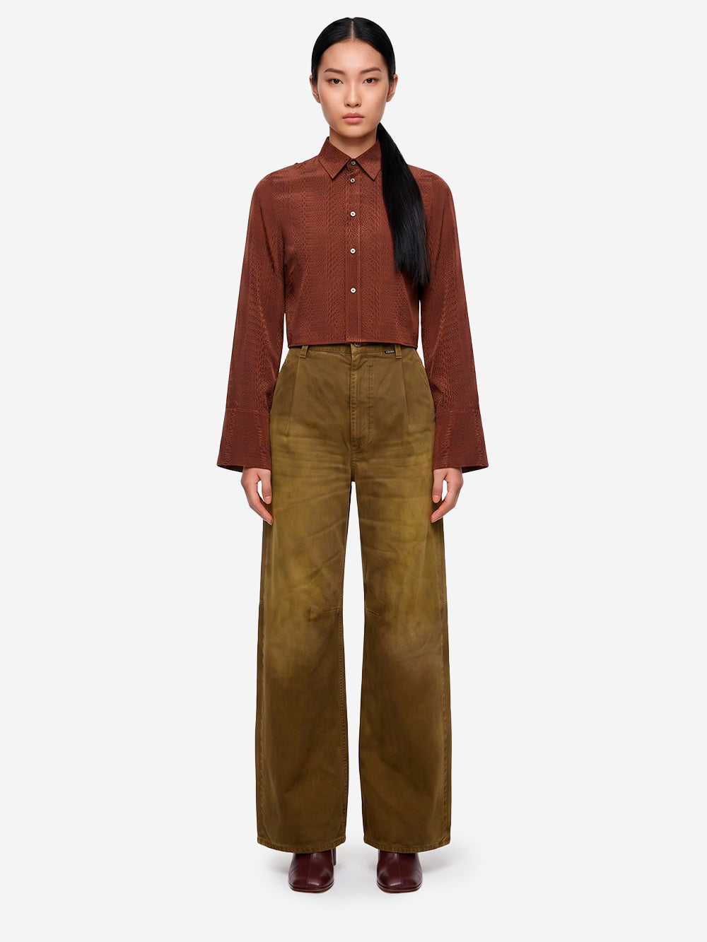 MM6 MAISON MARGIELA Camicia cropped marrone con logo jacquard Mogano Urbanstaroma