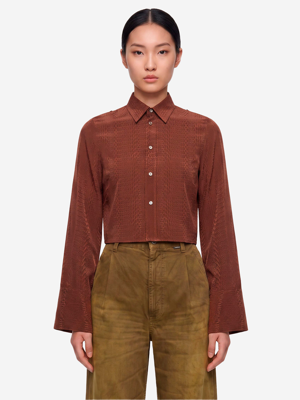 MM6 MAISON MARGIELA Camicia cropped marrone con logo jacquard Mogano Urbanstaroma