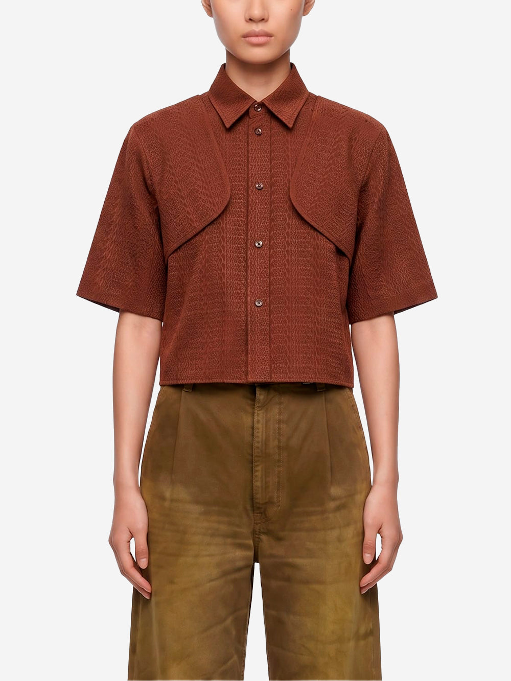 MM6 MAISON MARGIELA Camicia cropped marrone con logo jacquard Mogano Urbanstaroma