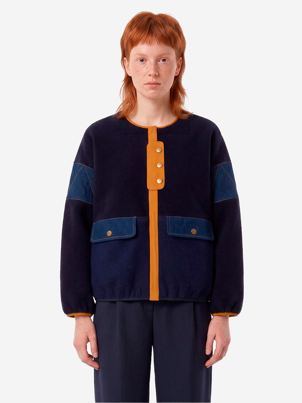 SESSUN Giacca in lana cotta blu con inserti in denim Blu Urbanstaroma
