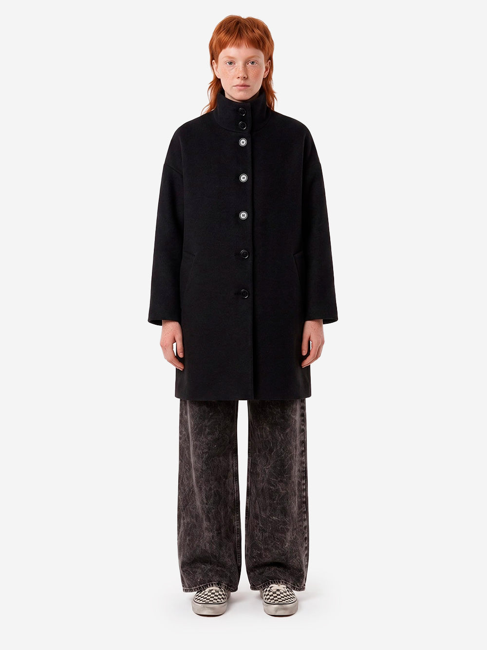 SESSUN Cappotto midi nero in misto lana con collo alto Nero Urbanstaroma