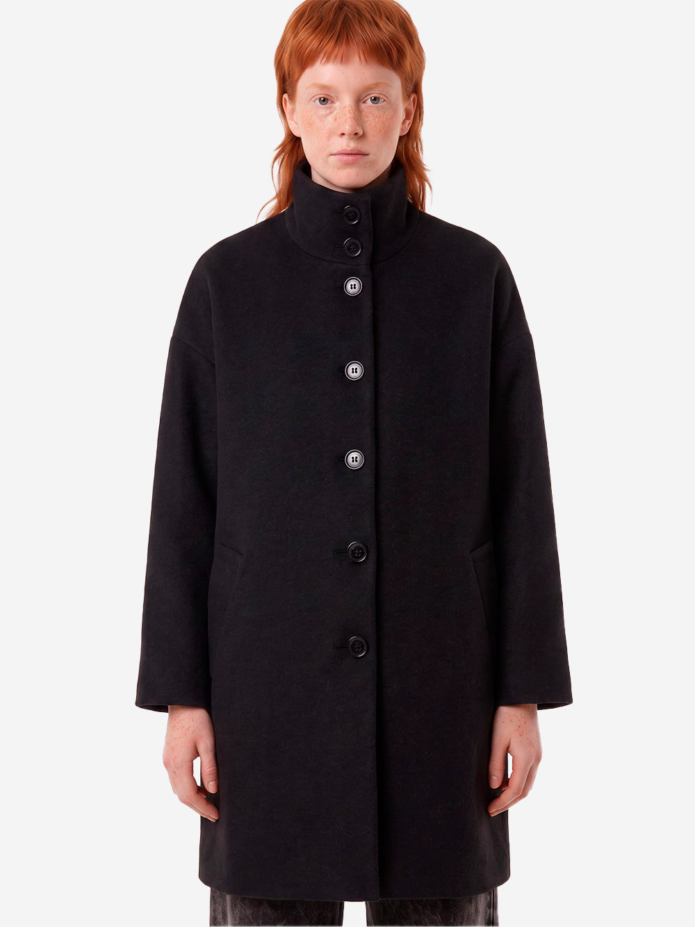 SESSUN Cappotto midi nero in misto lana con collo alto Nero Urbanstaroma