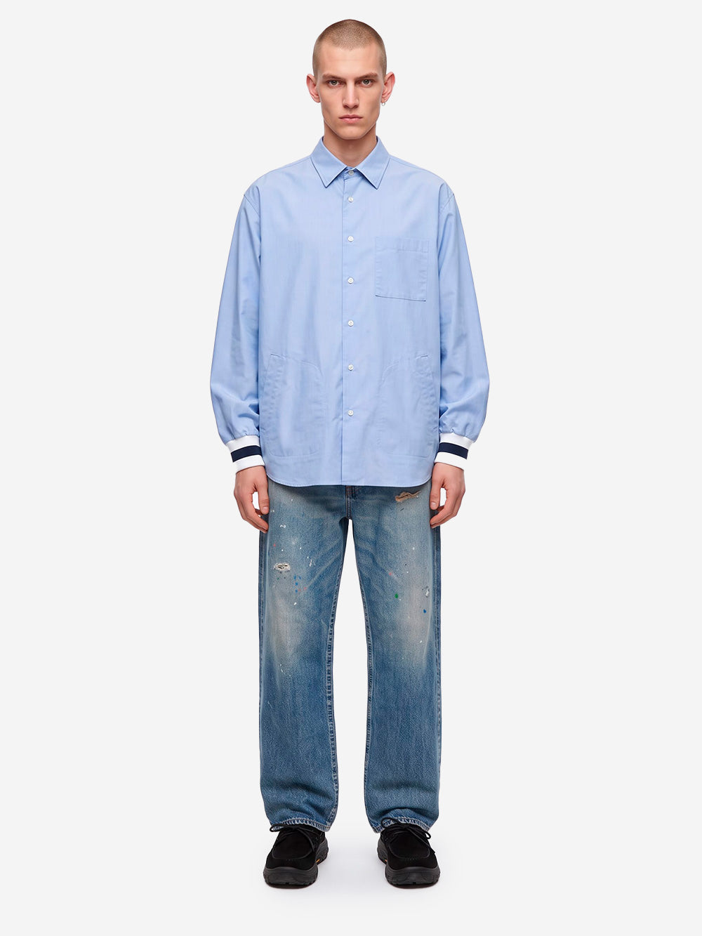 SOPHNET. Camicia Oxford con polsini a costine azzurra blu Urbanstaroma