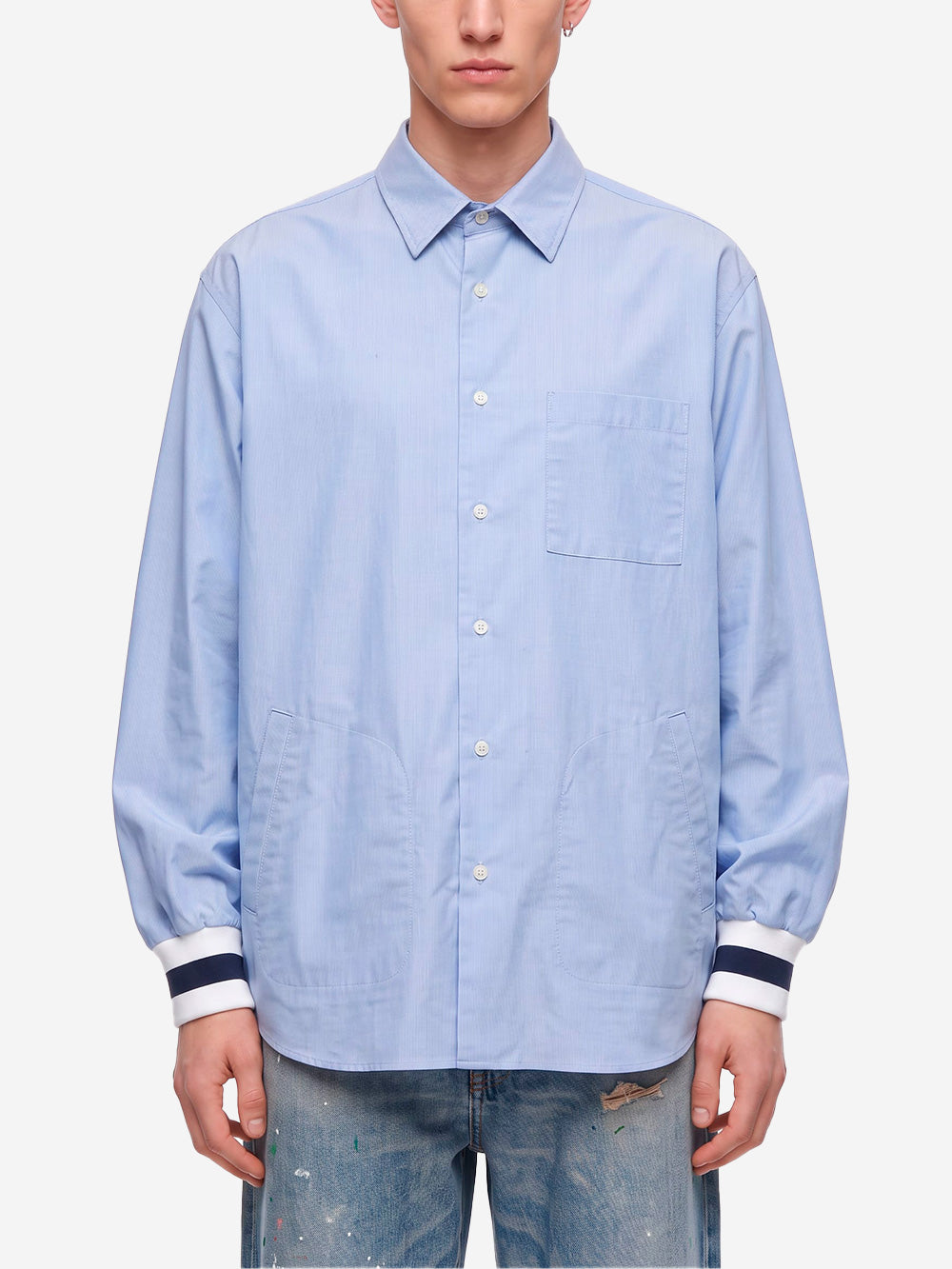 SOPHNET. Camicia Oxford con polsini a costine azzurra blu Urbanstaroma