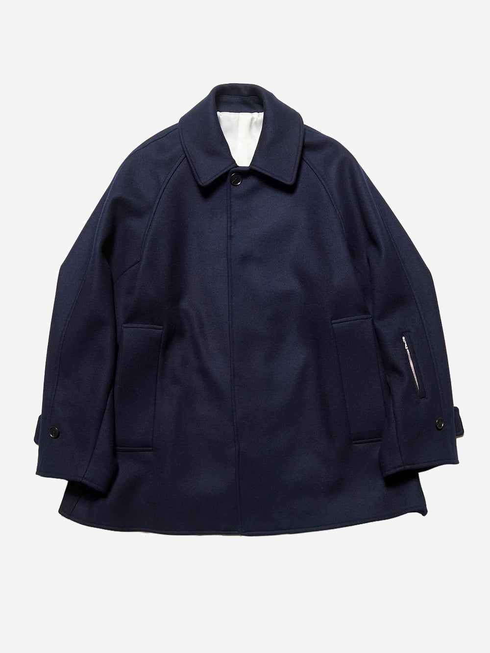 SOPHNET. Cappotto corto in melton di lana blu Navy bianca Urbanstaroma