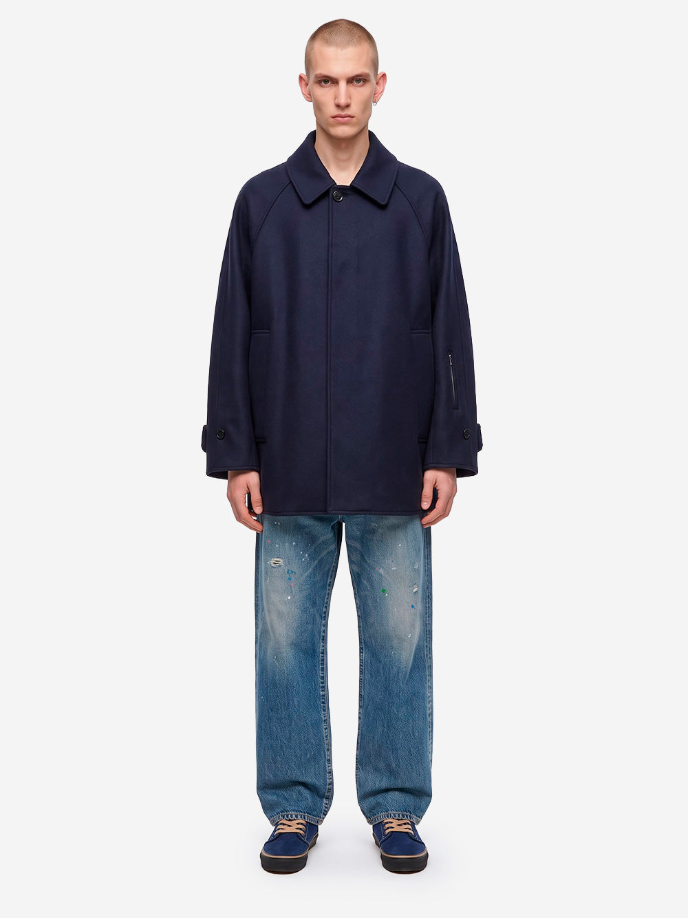 SOPHNET. Cappotto corto in melton di lana blu Navy bianca Urbanstaroma