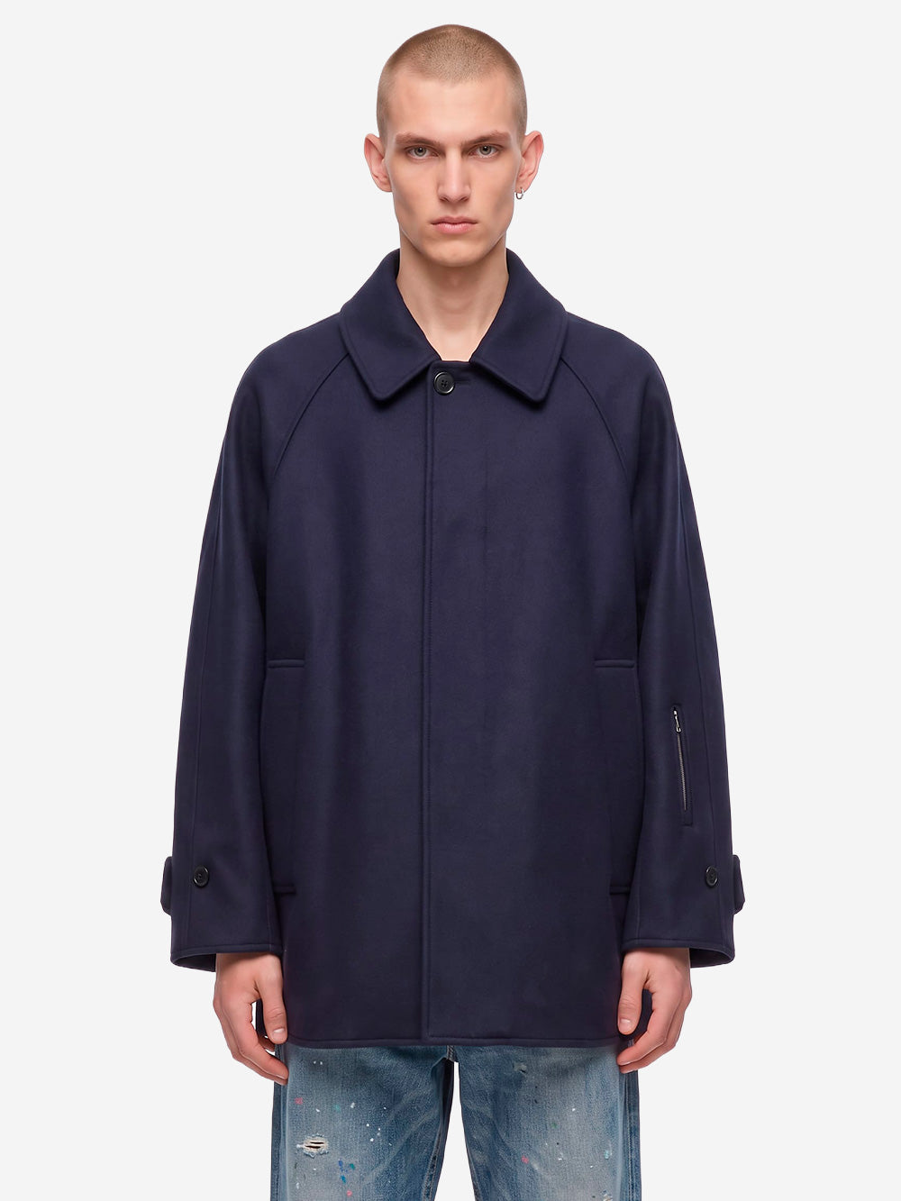 SOPHNET. Cappotto corto in melton di lana blu Navy bianca Urbanstaroma