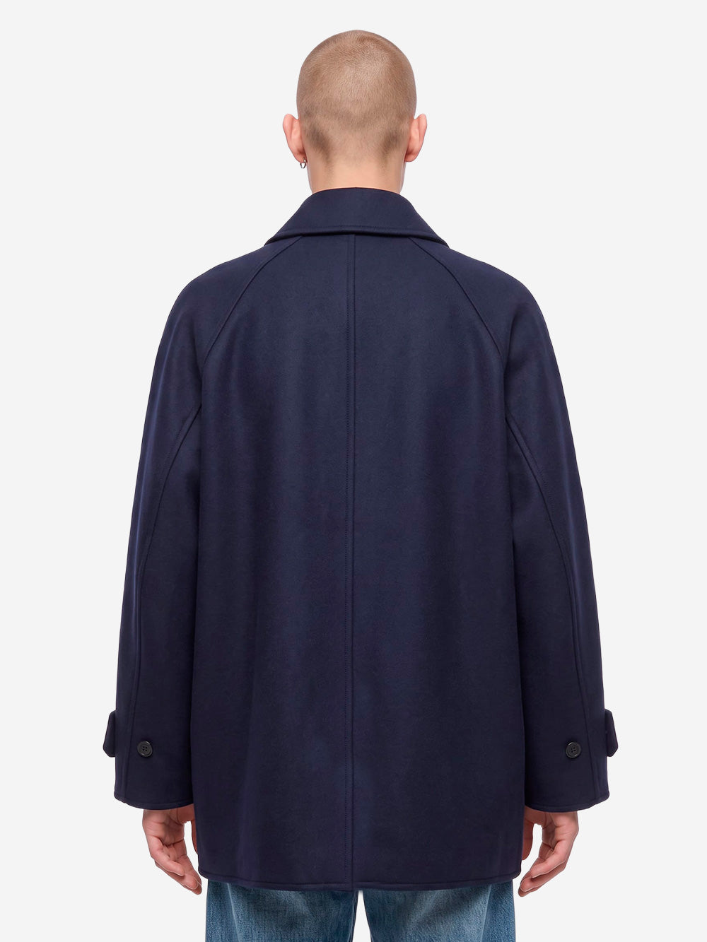 SOPHNET. Cappotto corto in melton di lana blu Navy bianca Urbanstaroma