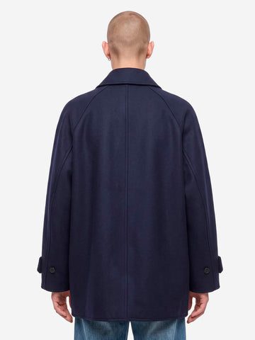 SOPHNET. Cappotto corto in melton di lana blu Navy bianca