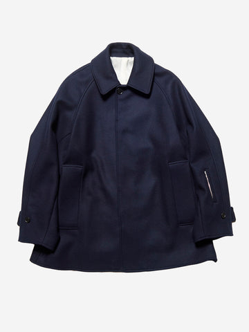 SOPHNET. Cappotto corto in melton di lana blu Navy bianca
