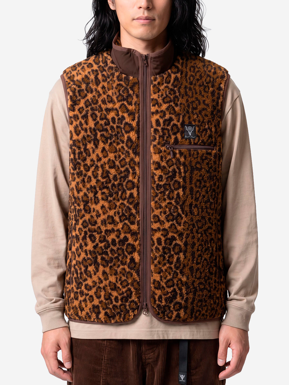 SOUTH2 WEST8 Gilet piping leopardato Khaki Maculato Urbanstaroma