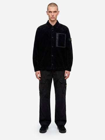 STONE ISLAND Overshirt nera in corduroy di cotone con tasca e badge Nero