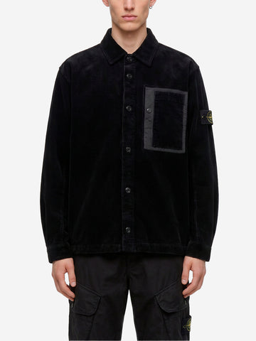 STONE ISLAND Overshirt nera in corduroy di cotone con tasca e badge Nero