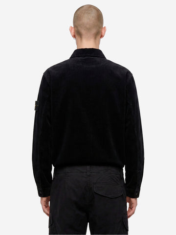 STONE ISLAND Overshirt nera in corduroy di cotone con tasca e badge Nero