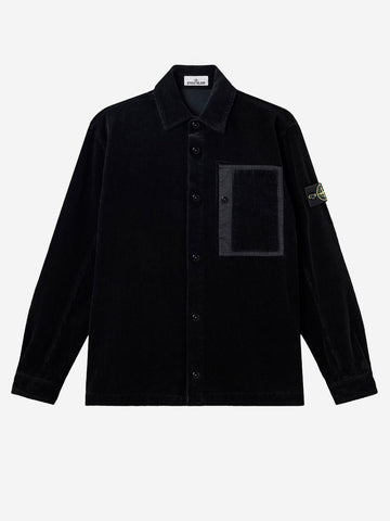 STONE ISLAND Overshirt nera in corduroy di cotone con tasca e badge Nero