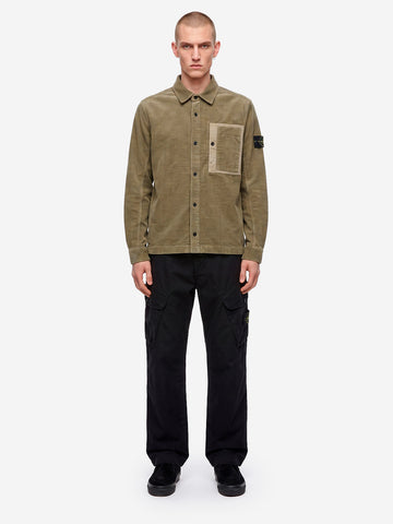 STONE ISLAND Overshirt verde militare in corduroy di cotone con tasca e badge Verde