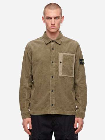 STONE ISLAND Overshirt verde militare in corduroy di cotone con tasca e badge Verde