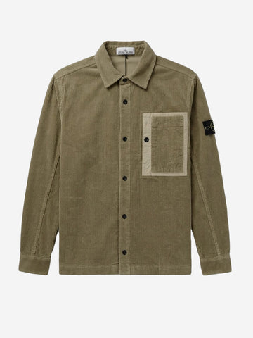 STONE ISLAND Overshirt verde militare in corduroy di cotone con tasca e badge Verde