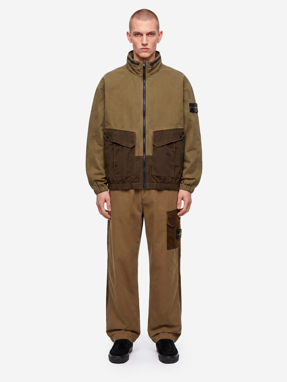 STONE ISLAND Giacca verde militare in cotone con inserti in nylon e logo patch Verde Urbanstaroma