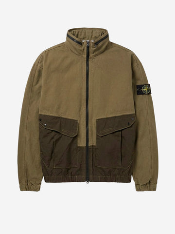 STONE ISLAND Giacca verde militare in cotone con inserti in nylon e logo patch Verde