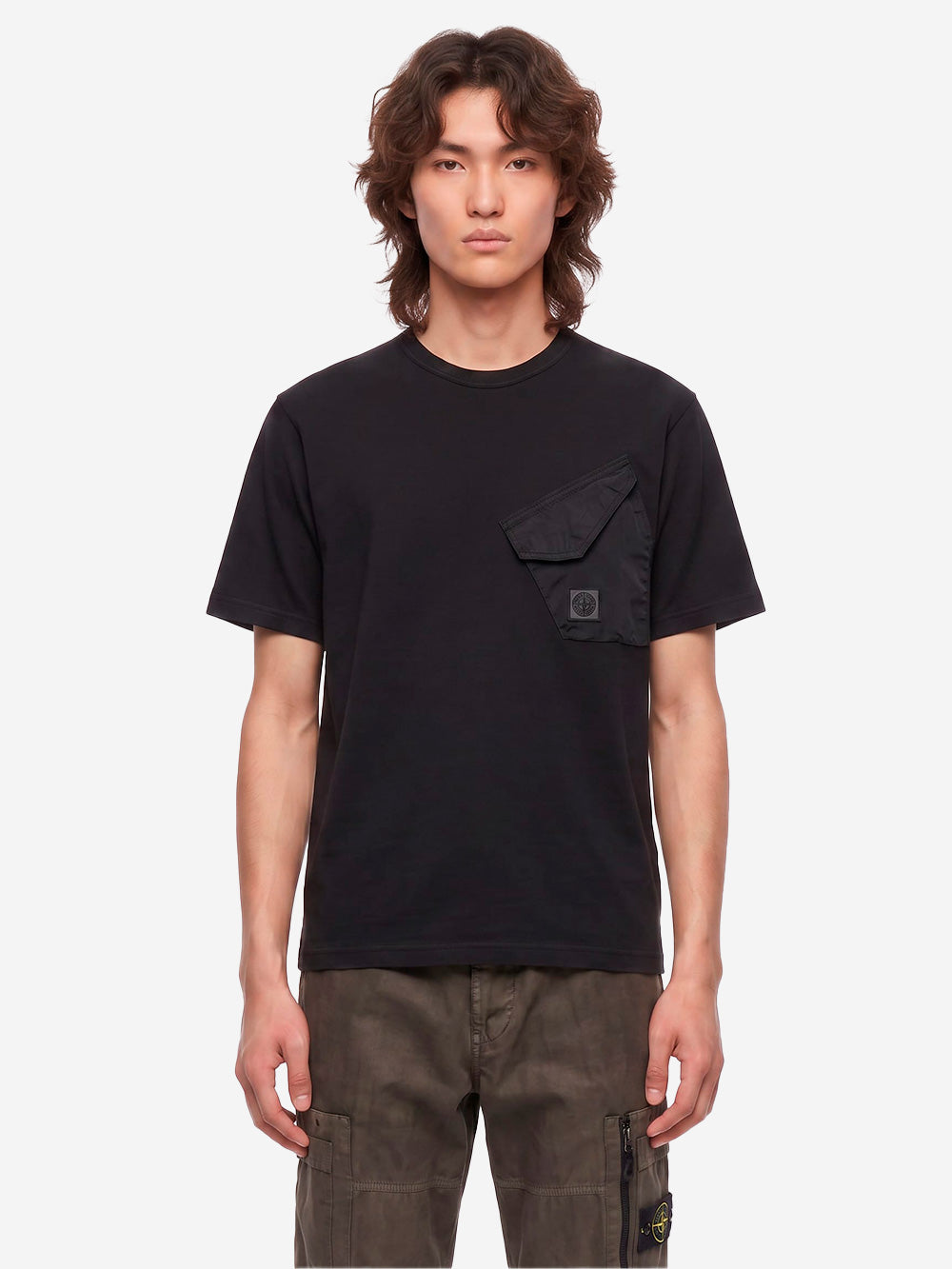 STONE ISLAND T-shirt nera con tasca a soffietto e patch Compass Nero Urbanstaroma