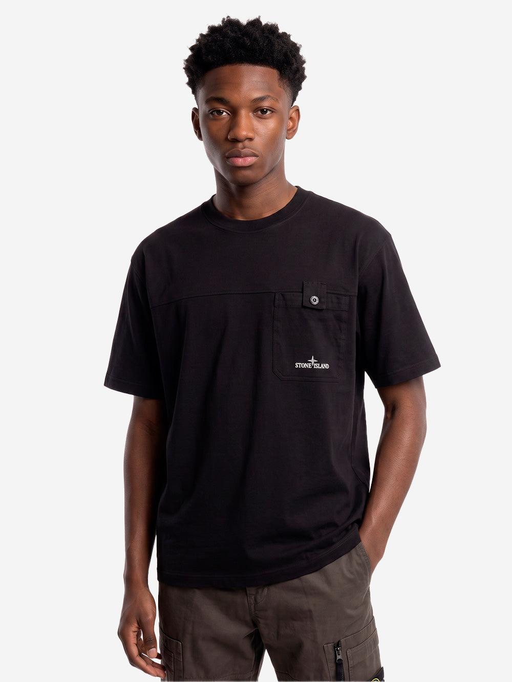 STONE ISLAND T-shirt nera in jersey con logo stampato sulla tasca Nero Urbanstaroma
