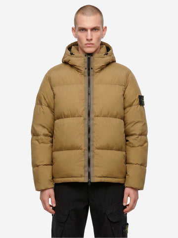 STONE ISLAND Piumino verde militare in nylon matt ripstop con cappuccio staccabile Verde