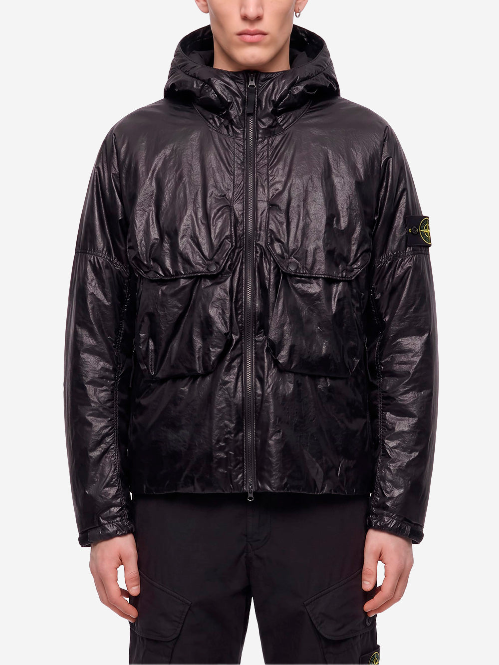 STONE ISLAND Piumino spalmato con cappuccio Light Nylon a tre strati Nero Urbanstaroma