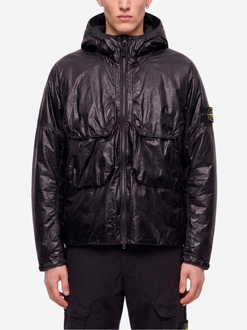 STONE ISLAND Piumino spalmato con cappuccio Light Nylon a tre strati Nero